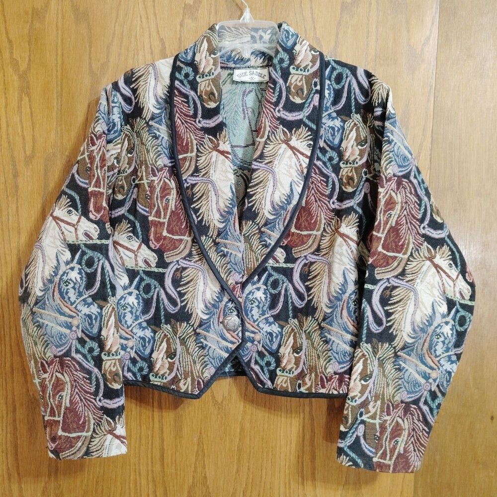 Side Saddle Women's 1X Bolero Jacket Horse Print Rodeo Cowgirl Vintage Tapestry
